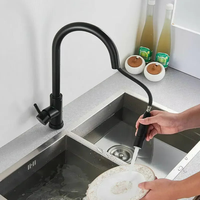 Black silver pull-out rotary kitchen faucet stainless steel hot and cold dual mode