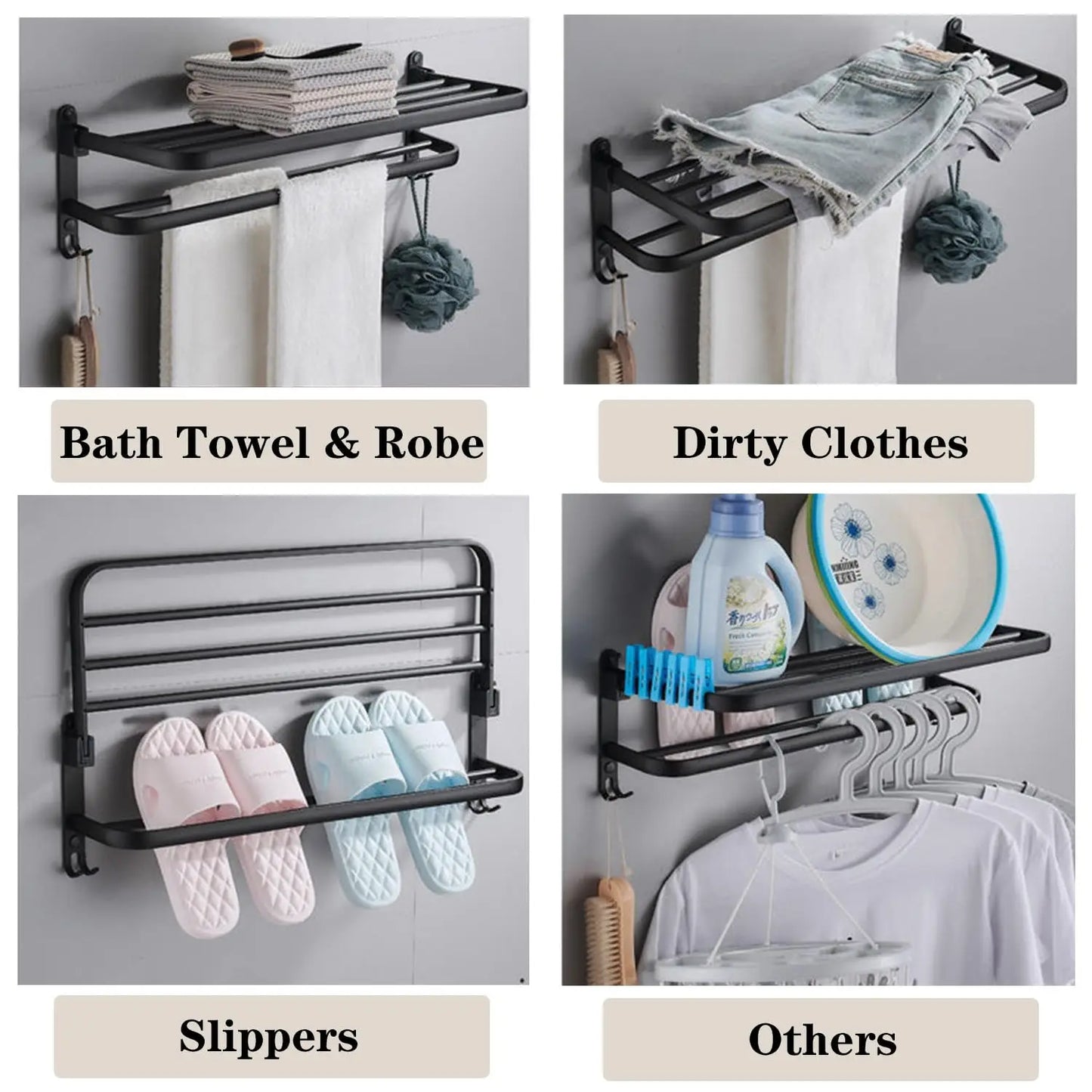 50CM Matte Black Folding Holder With Hook ,Towel Holder, Wall Mount Aluminum Towel Rack