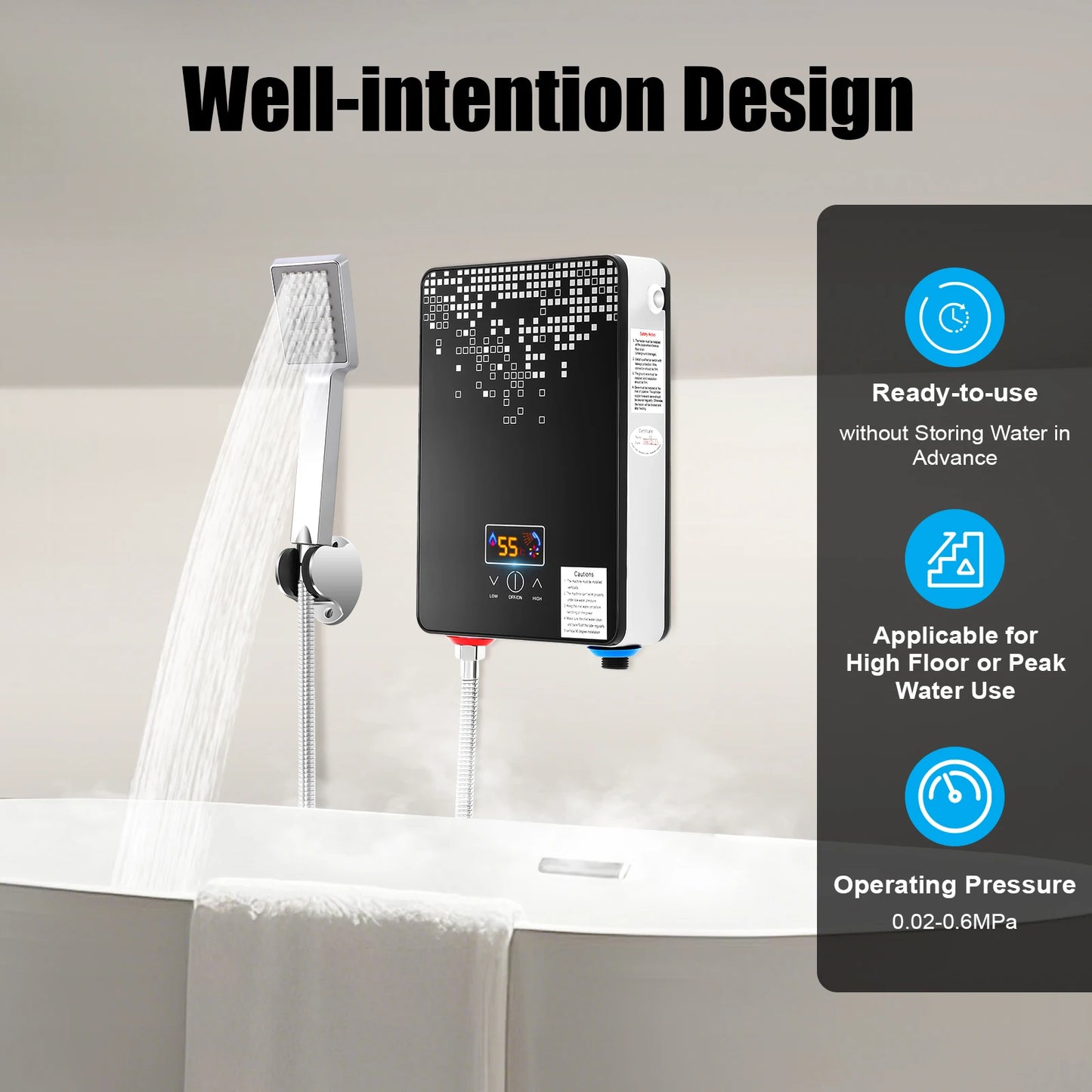 Electric Water Heater 6.5kW Instant Hot Water Heater with Digital Display for Bathroom-220V Black Bathroom Shower Hot Water Set