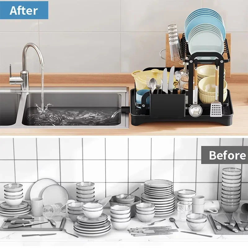 New 360° rotating storage rack double-layer kitchen tableware drying rack with drain