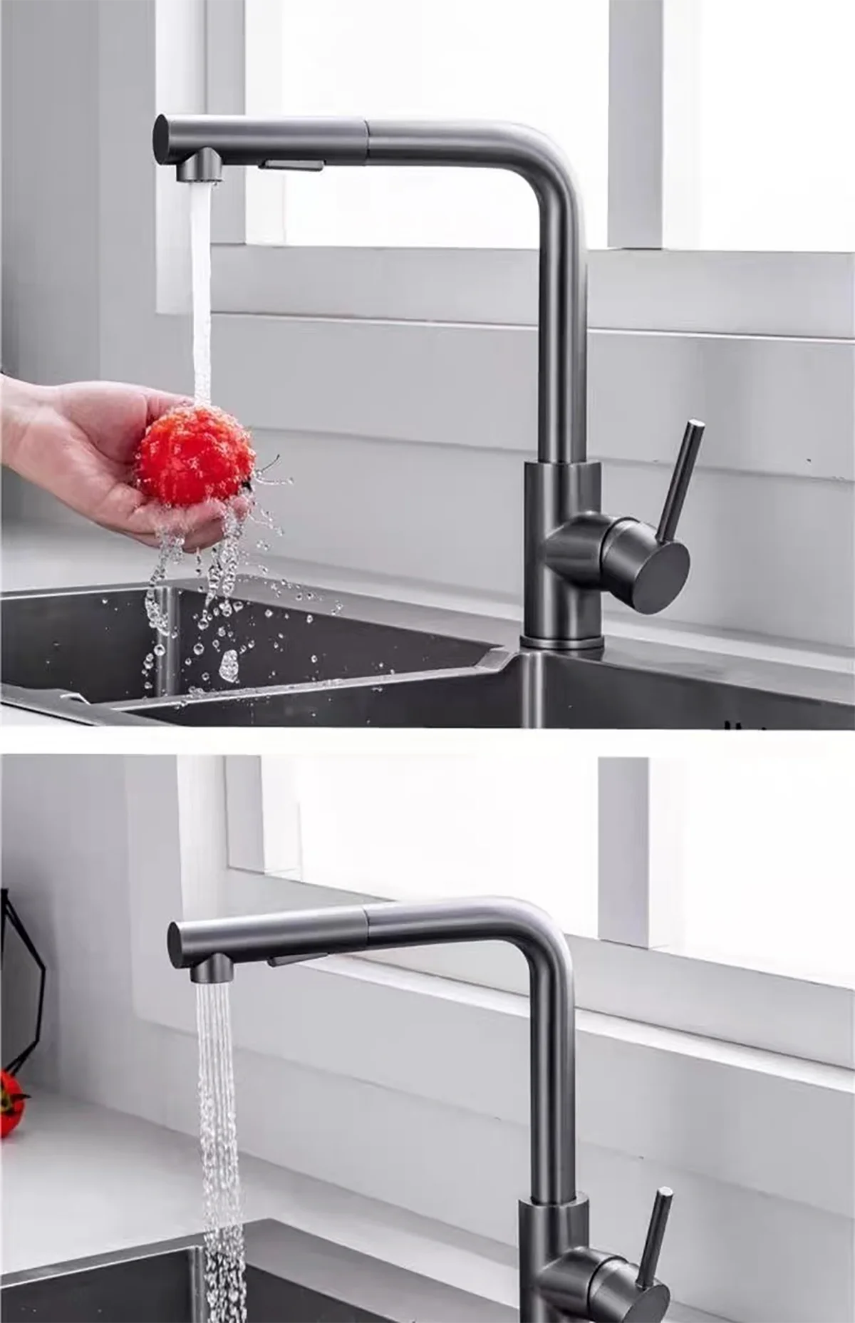 Black silver pull-out rotary kitchen faucet stainless steel hot and cold dual mode