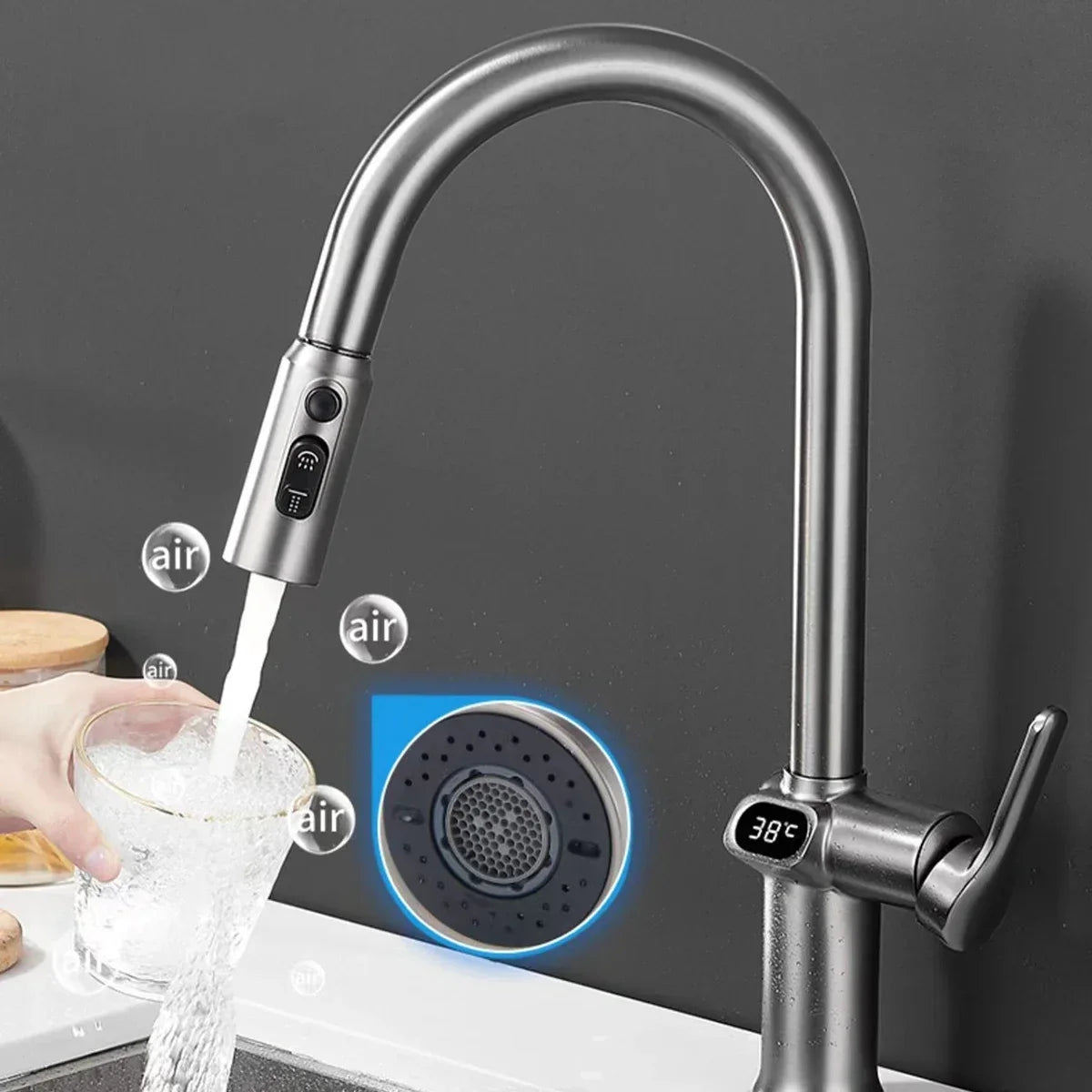 Kitchen Faucet Temperature, Pull Out Kitchen Sink Faucet Digital Display Function Rotatable