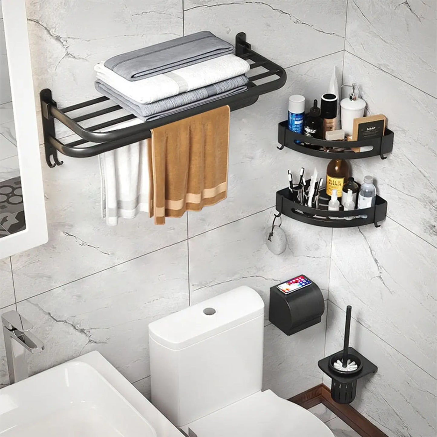 50CM Matte Black Folding Holder With Hook ,Towel Holder, Wall Mount Aluminum Towel Rack