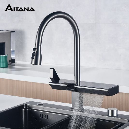 Luxury digital display brass grey kitchen faucet pull-out design