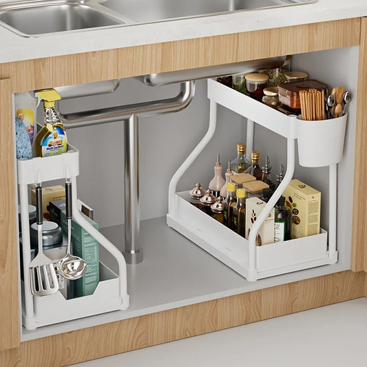 2-Tier Plastic Storage Organizer Pull-Out Drawer Kitchen Bathroom Space-Saving Durable Large Capacity