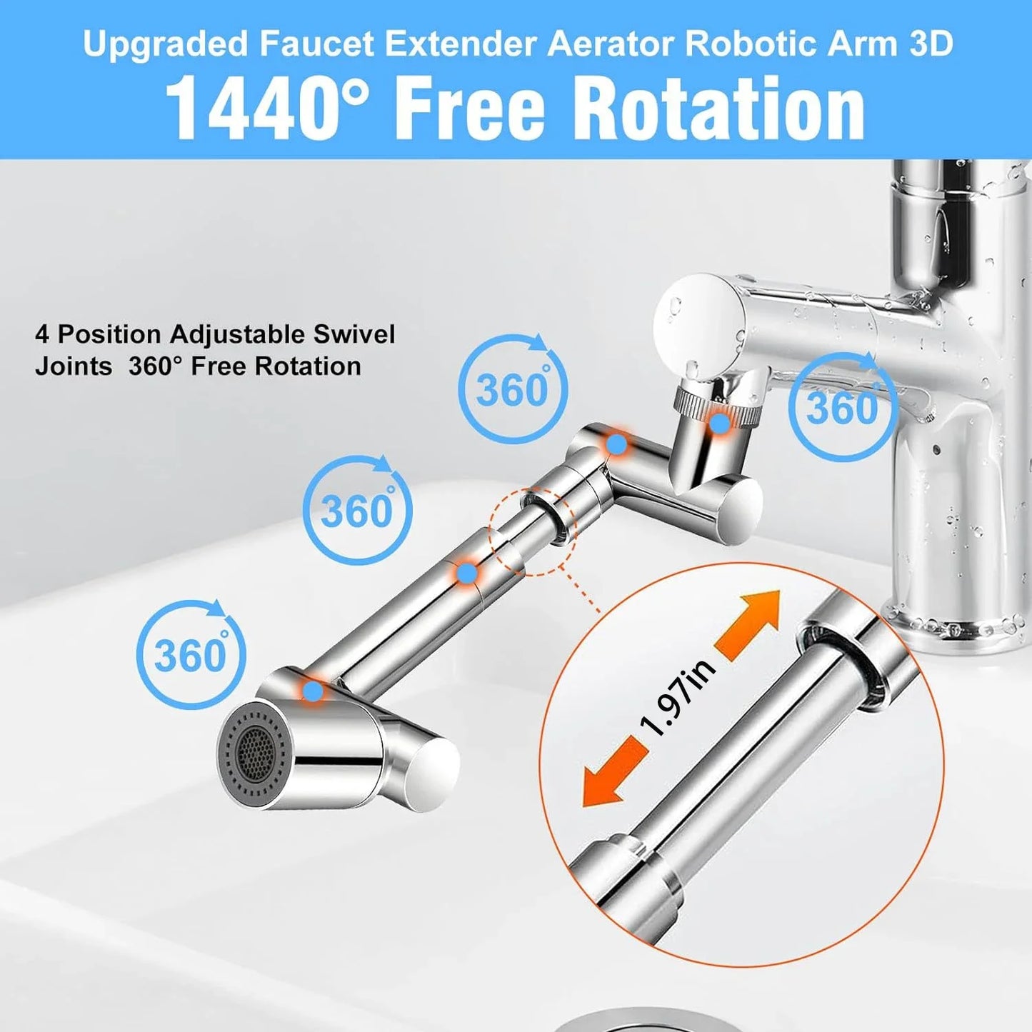 Retractable Universal 1440 °Swivel Robotic Arm Swivel Extension Faucet  2 Water Flow Mode