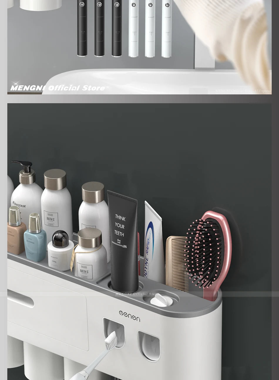 MENGNI-Magnetic Adsorption Inverted Toothbrush Holder Wall -Automatic Toothpaste Squeezer Storage Rack