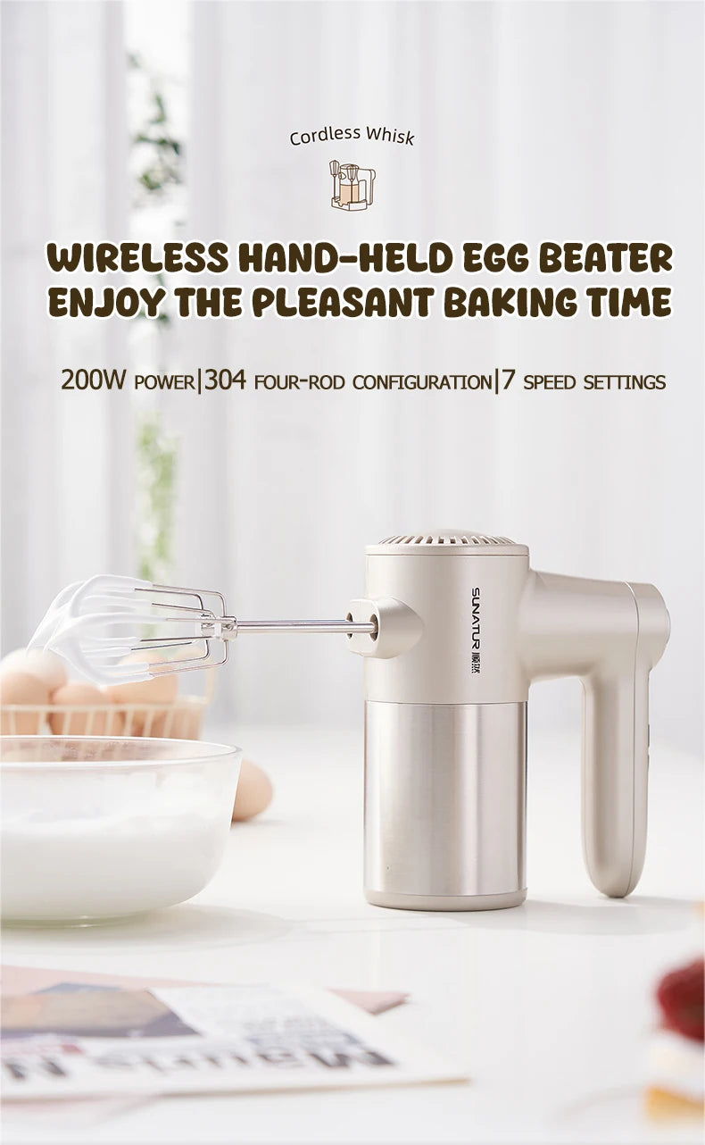 SUNATUR Handheld Electric Mixer  Wireless  Charging ,Egg Beater,  Cream Whipper 200W power 7 - Speed