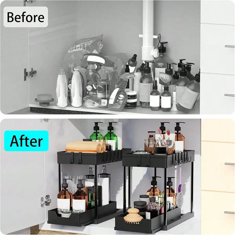 Under Sink Organizer, 2 Tier Bathroom Cabinet Organizer with Sliding Basket, Multi-Purpose Under Sink Organizers and Storage