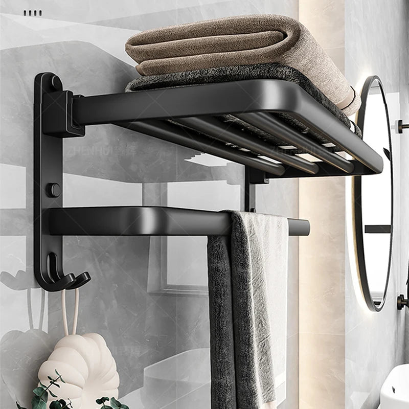 50CM Matte Black Folding Holder With Hook ,Towel Holder, Wall Mount Aluminum Towel Rack