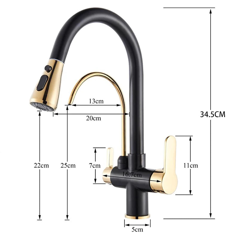 Gold Purify Water Kitchen Faucet Deck Mounted Dual Handle Faucet