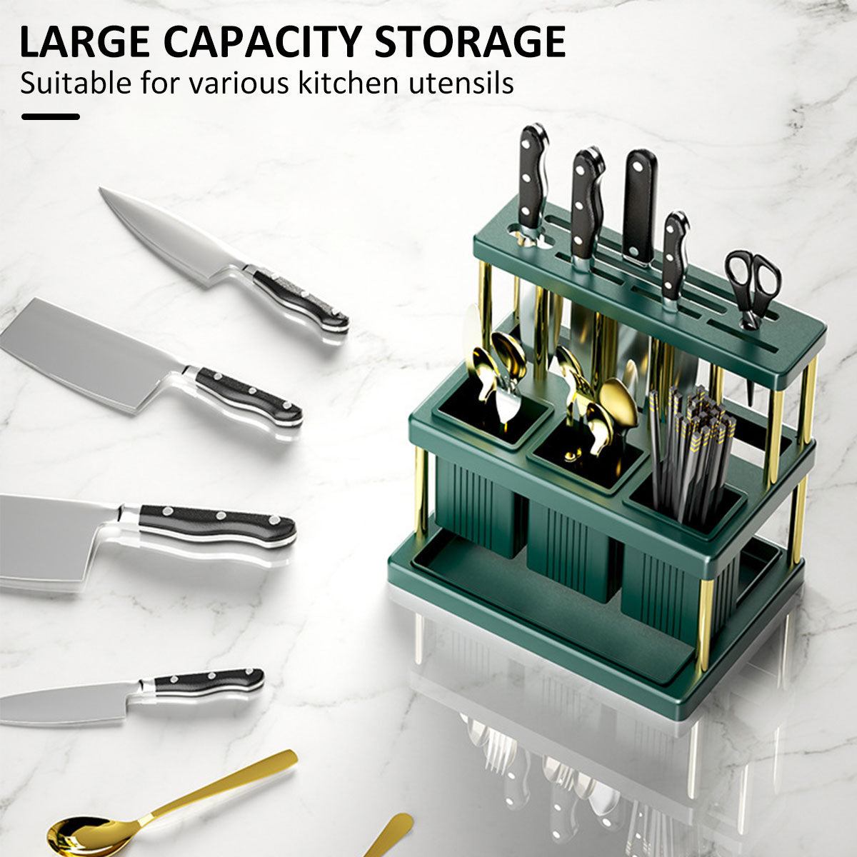 Kitchen Knife Holder Multi-Function Cutter and Cutlery Drainer Rack PP Space Saving Kitchen Utensil Organizer Rack