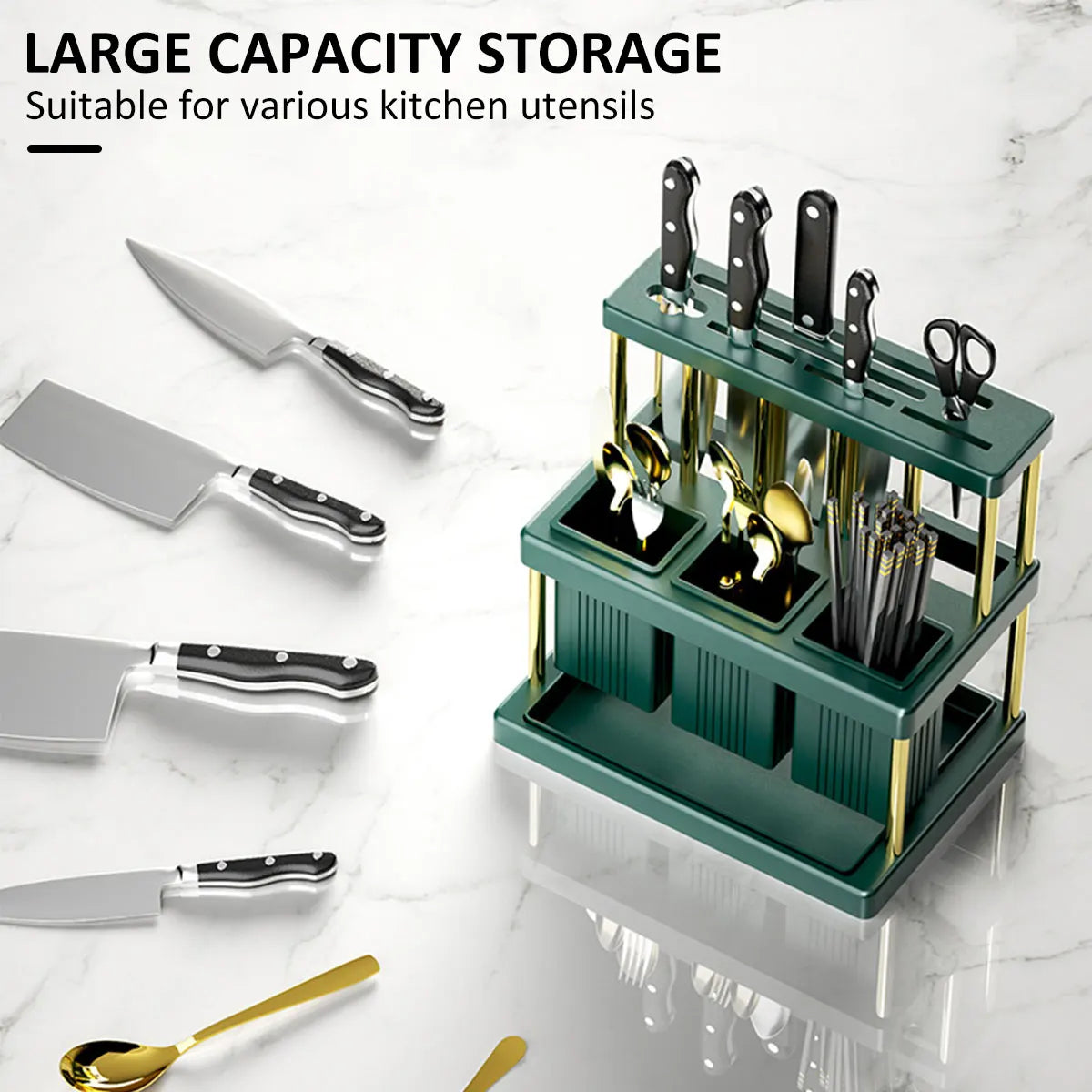 Kitchen Knife Holder Multi-Function Cutter and Cutlery Drainer Rack PP Space Saving Kitchen Utensil Organizer Rack