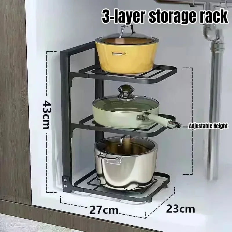 Kitchen Under Sink Pot Holder Multilayer Frying Pan Rice Cooker Seasoning Storage Rack Adjustable Stainless Steel Organizer