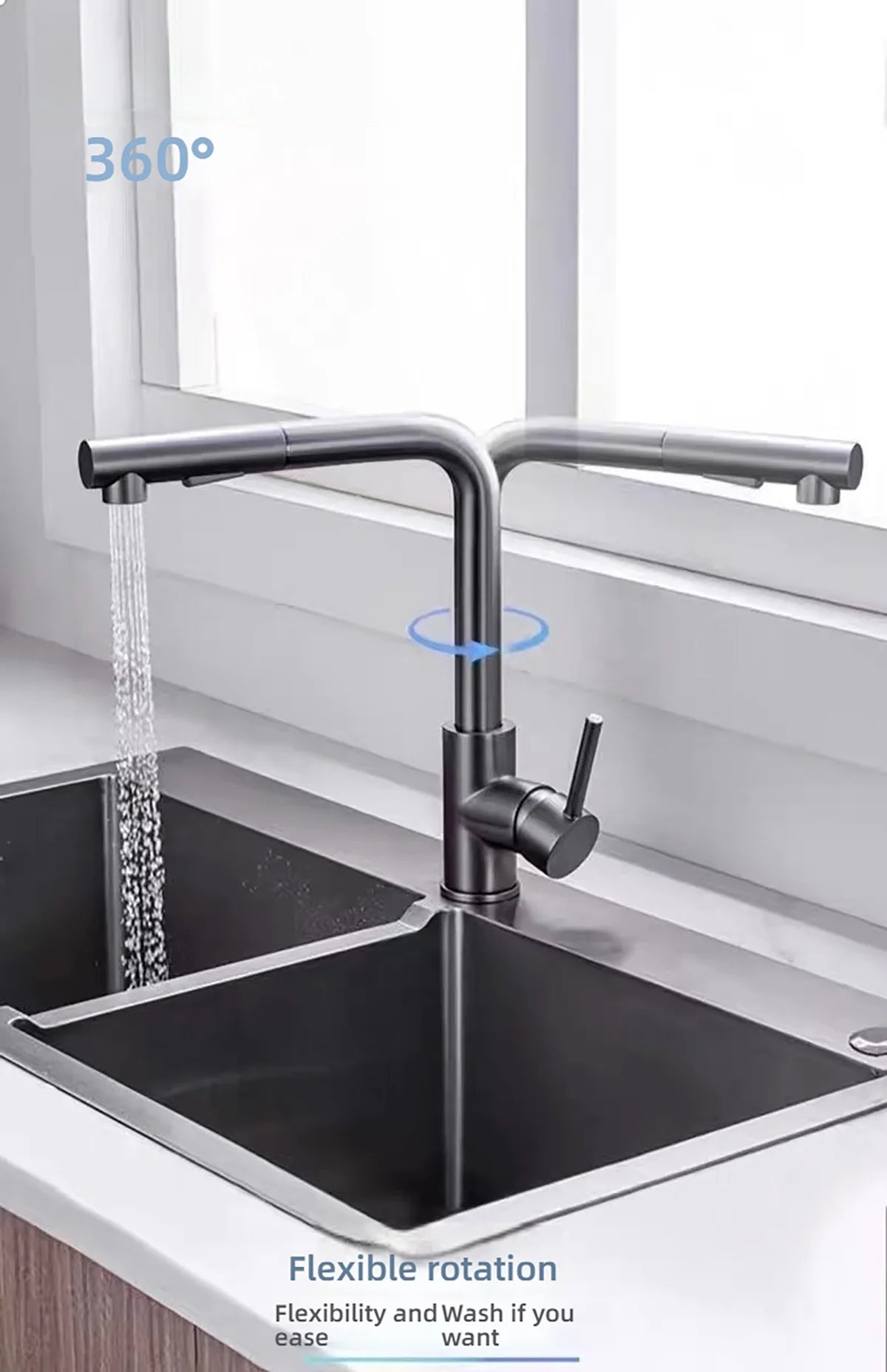Black silver pull-out rotary kitchen faucet stainless steel hot and cold dual mode
