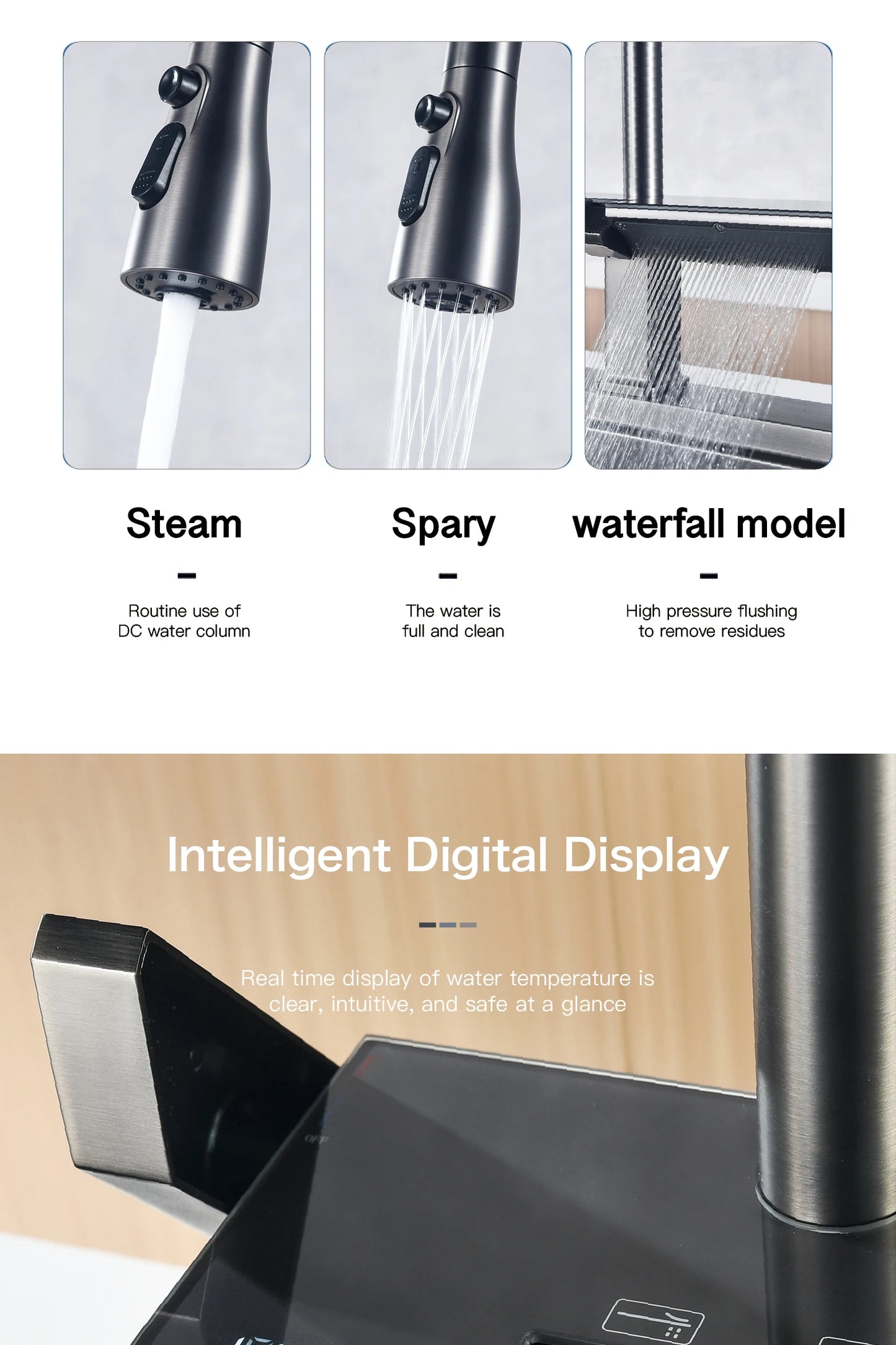 Luxury digital display brass grey kitchen faucet pull-out design