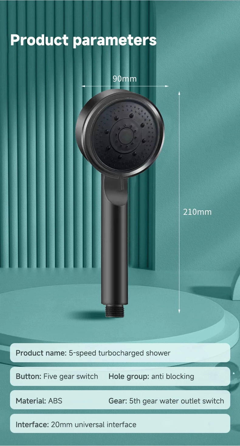 5 Modes Pressure Boost Shower Head Multifunction Adjustable Large Water Shower