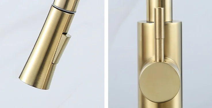 Stainless Steel Hot Cold Water Faucet Gold Pull-out Sprayer Single Handle
