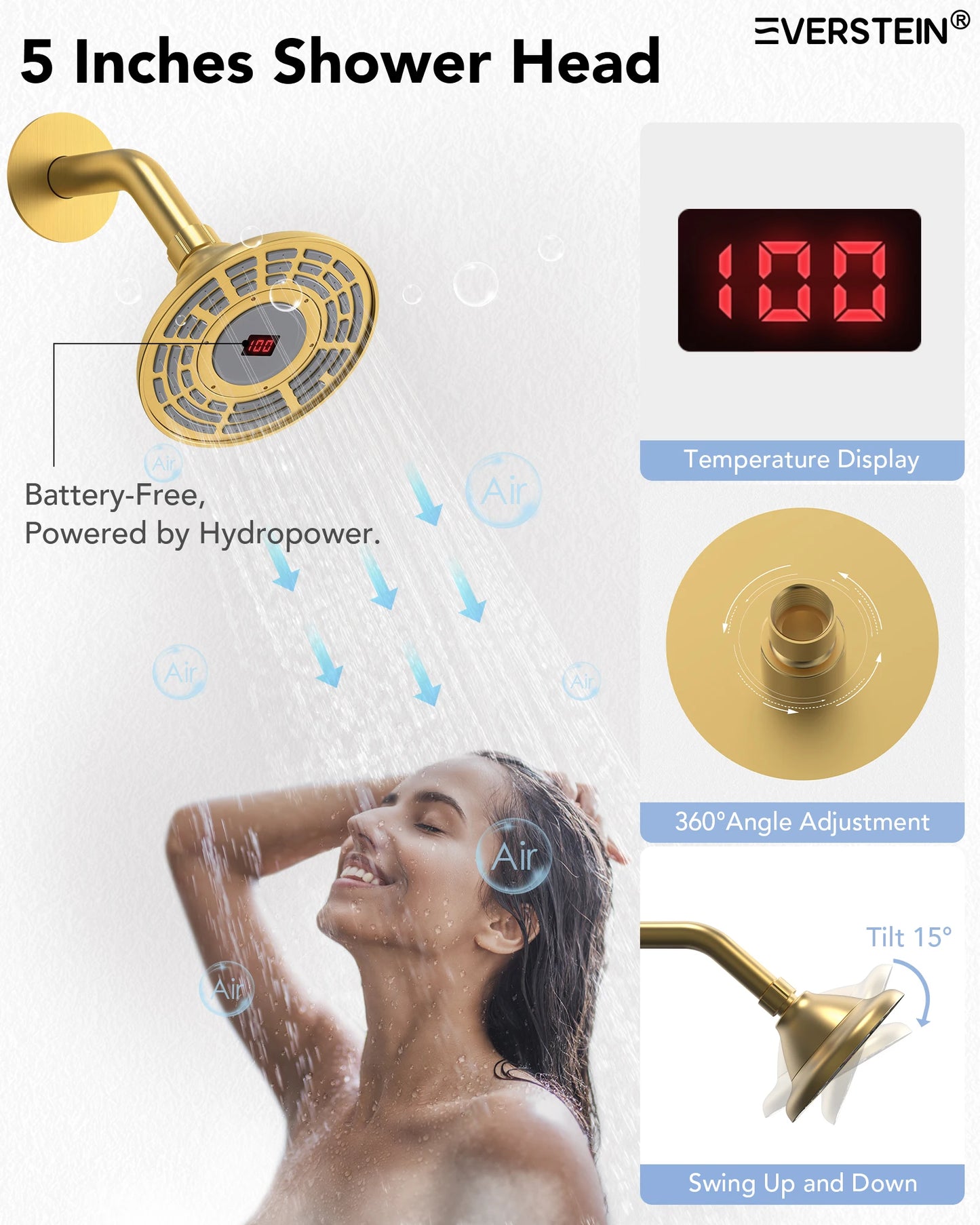 EVERSTEIN LED Light Shower Head System Shower Faucet Set with Brass Balanced Valve Wall Mount Tub Faucet