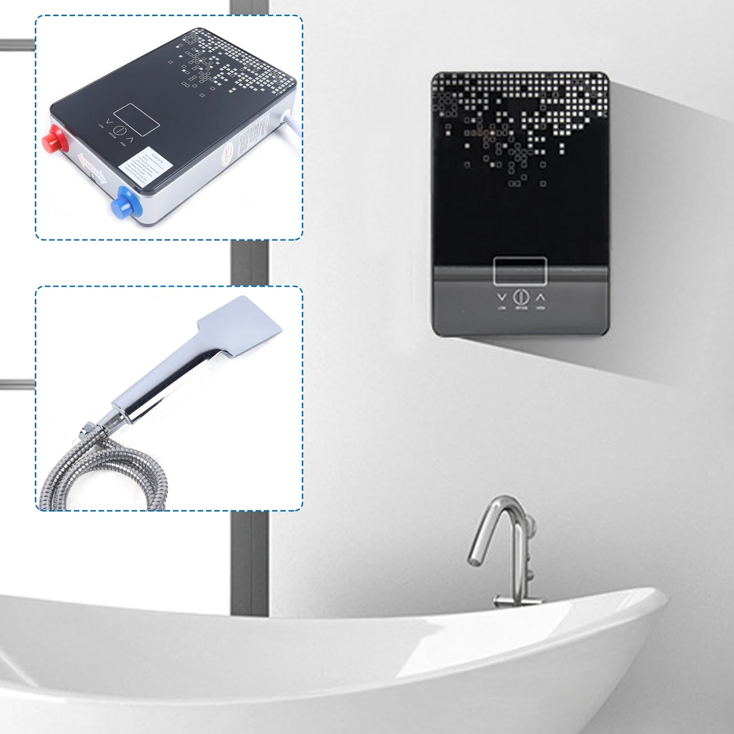 Electric Water Heater 6.5kW Instant Hot Water Heater with Digital Display for Bathroom-220V Black Bathroom Shower Hot Water Set