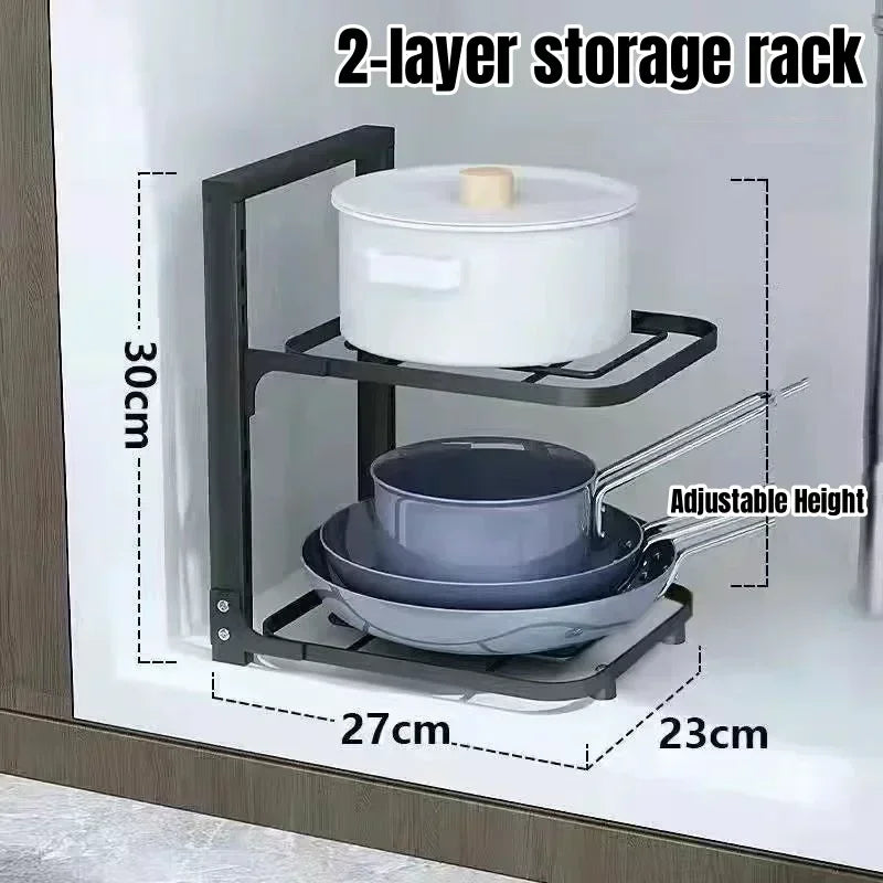 Kitchen Under Sink Pot Holder Multilayer Frying Pan Rice Cooker Seasoning Storage Rack Adjustable Stainless Steel Organizer