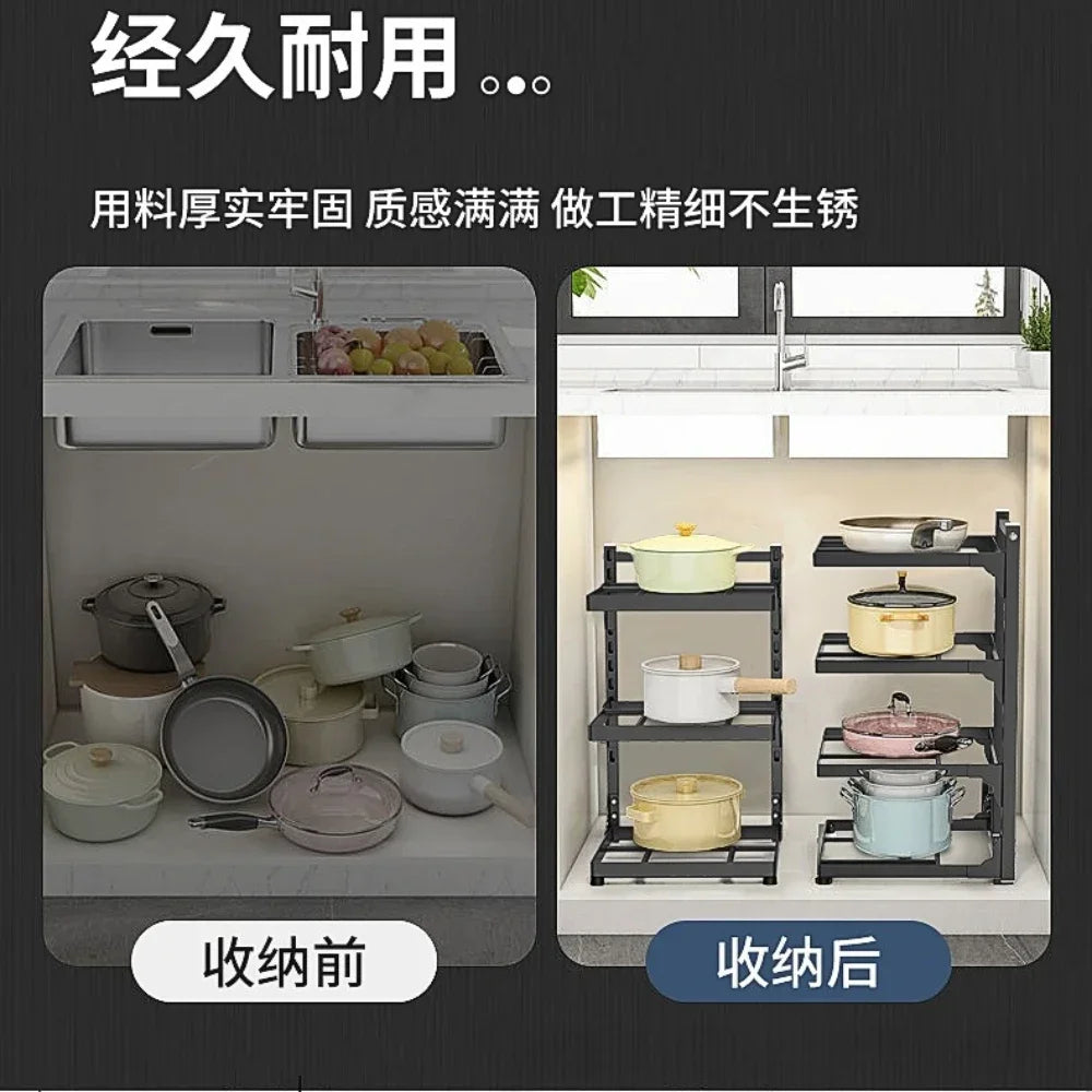 Kitchen Under Sink Pot Holder Multilayer Frying Pan Rice Cooker Seasoning Storage Rack Adjustable Stainless Steel Organizer