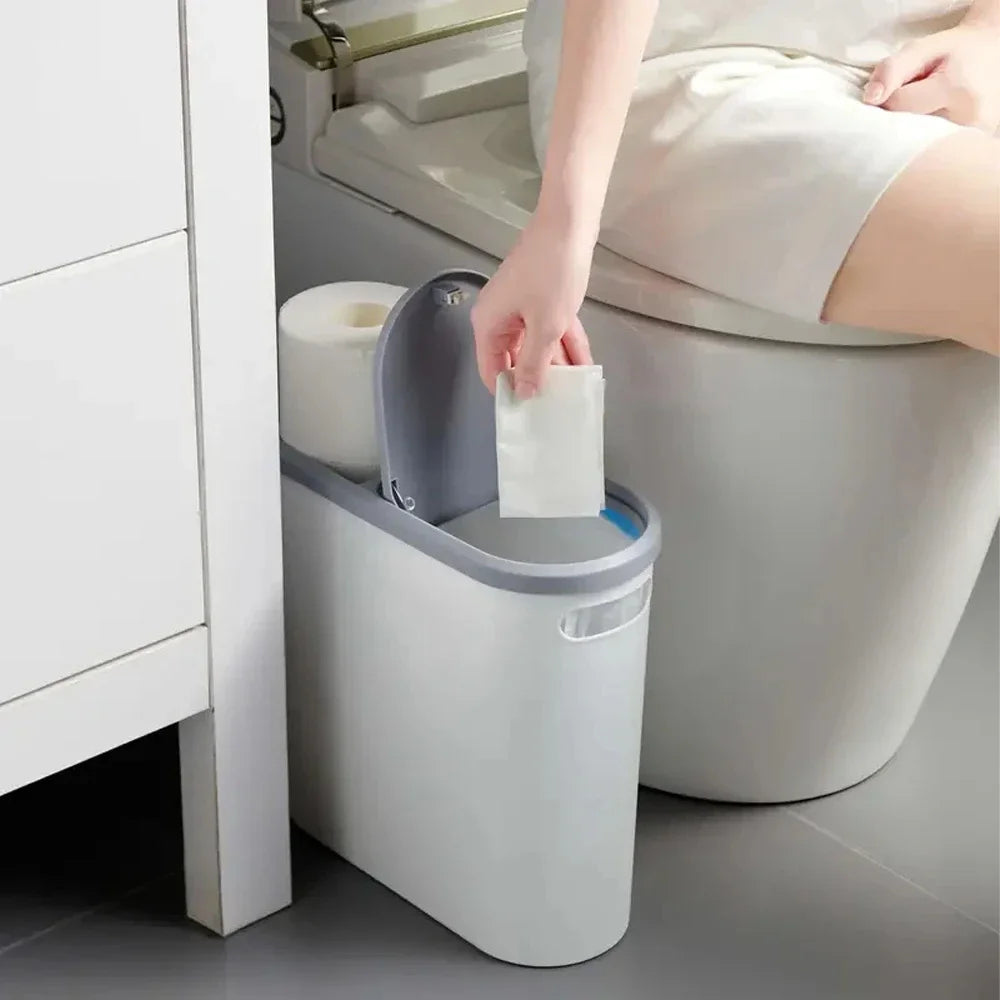 Plastic Trash Can with Lid Compact Press-Type Top Space-Saving Design for Bathroom Kitchen Living Room