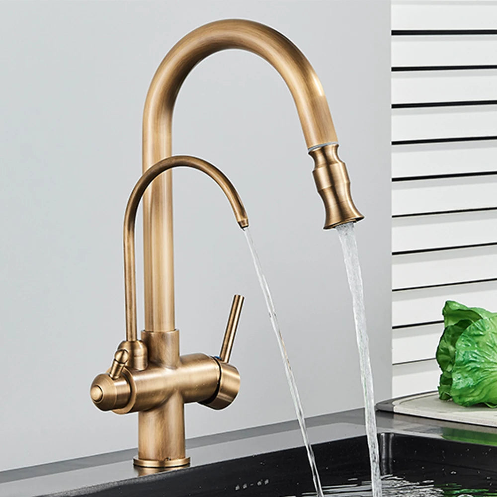 Gold Purify Water Kitchen Faucet Deck Mounted Dual Handle Faucet
