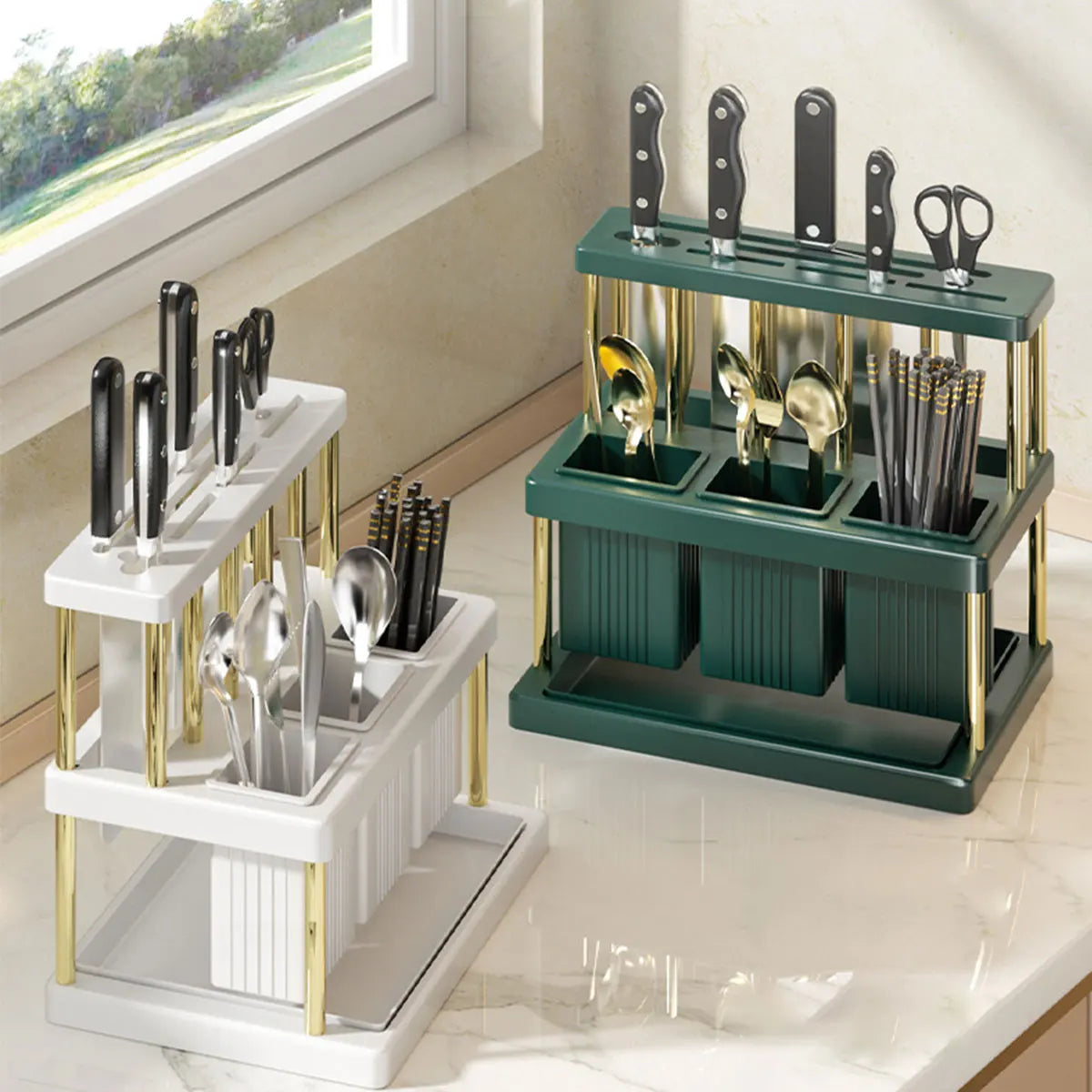 Kitchen Knife Holder Multi-Function Cutter and Cutlery Drainer Rack PP Space Saving Kitchen Utensil Organizer Rack
