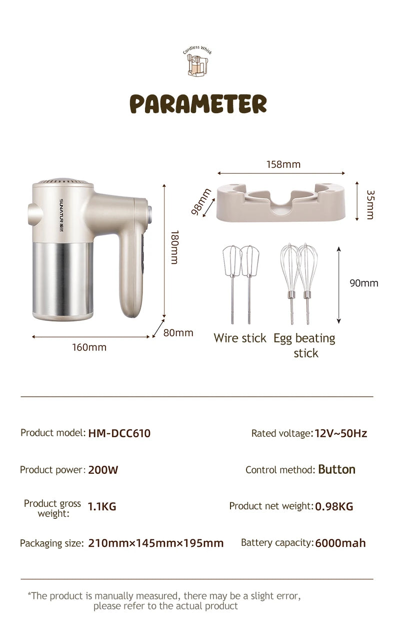 SUNATUR Handheld Electric Mixer  Wireless  Charging ,Egg Beater,  Cream Whipper 200W power 7 - Speed