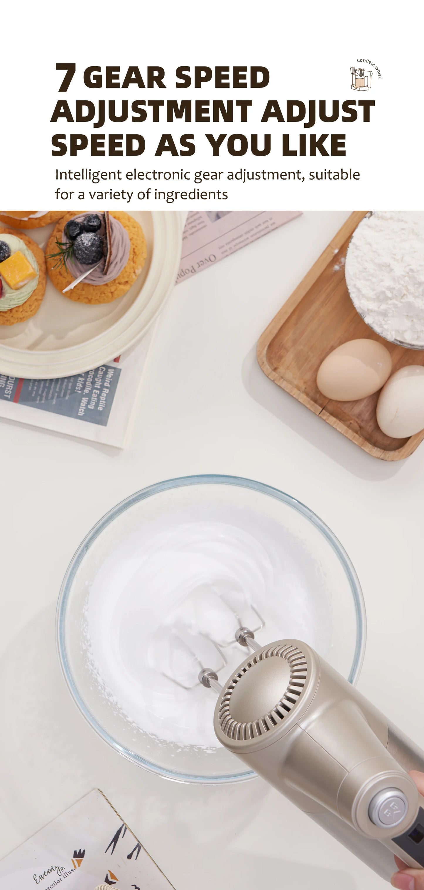SUNATUR Handheld Electric Mixer  Wireless  Charging ,Egg Beater,  Cream Whipper 200W power 7 - Speed