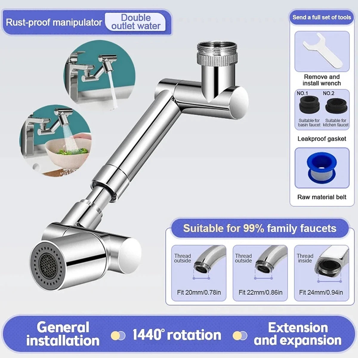 Retractable Universal 1440 °Swivel Robotic Arm Swivel Extension Faucet  2 Water Flow Mode