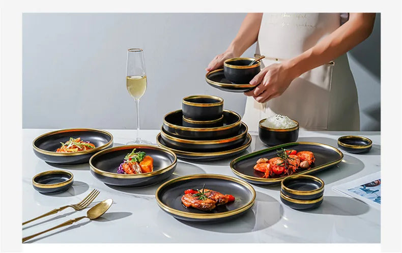 Gilt Rim Black Porcelain Dinner Plates  Cutlery Set