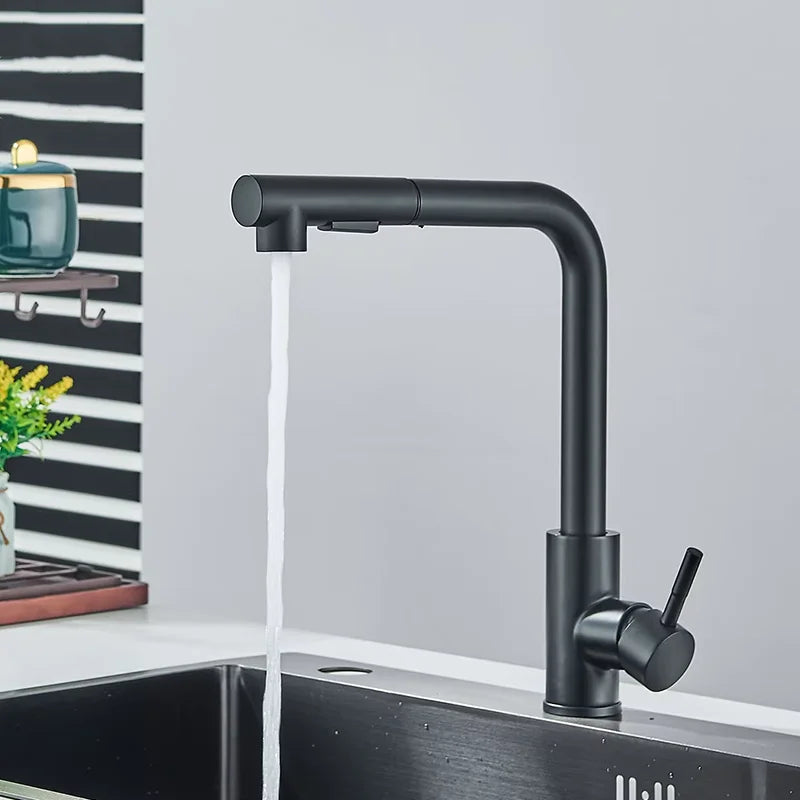 Black silver pull-out rotary kitchen faucet stainless steel hot and cold dual mode