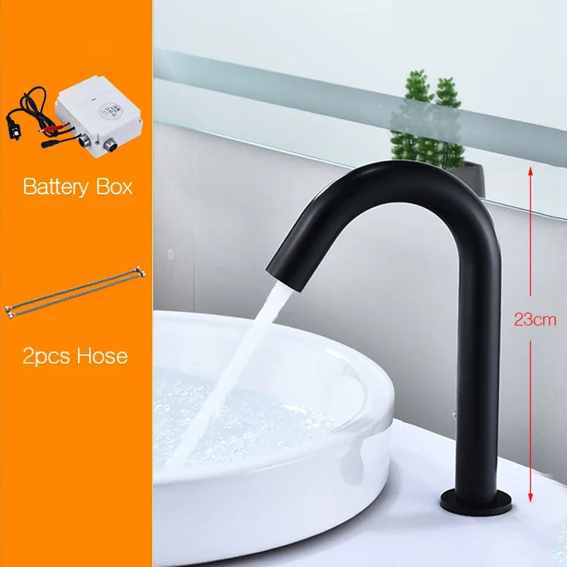 Matte Black Sensor Basin Faucet Single Cold Water Sink Tap Deck Mount Bathroom Automatic Sense Mixer Battery Powered