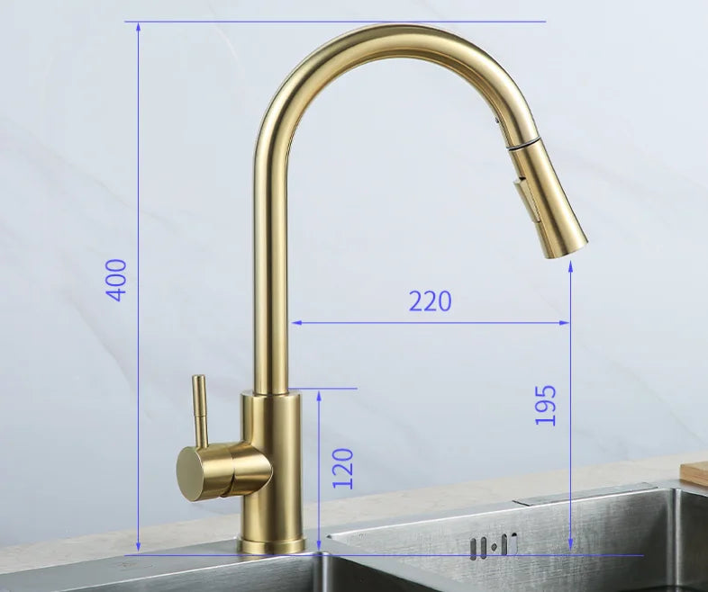 Stainless Steel Hot Cold Water Faucet Gold Pull-out Sprayer Single Handle