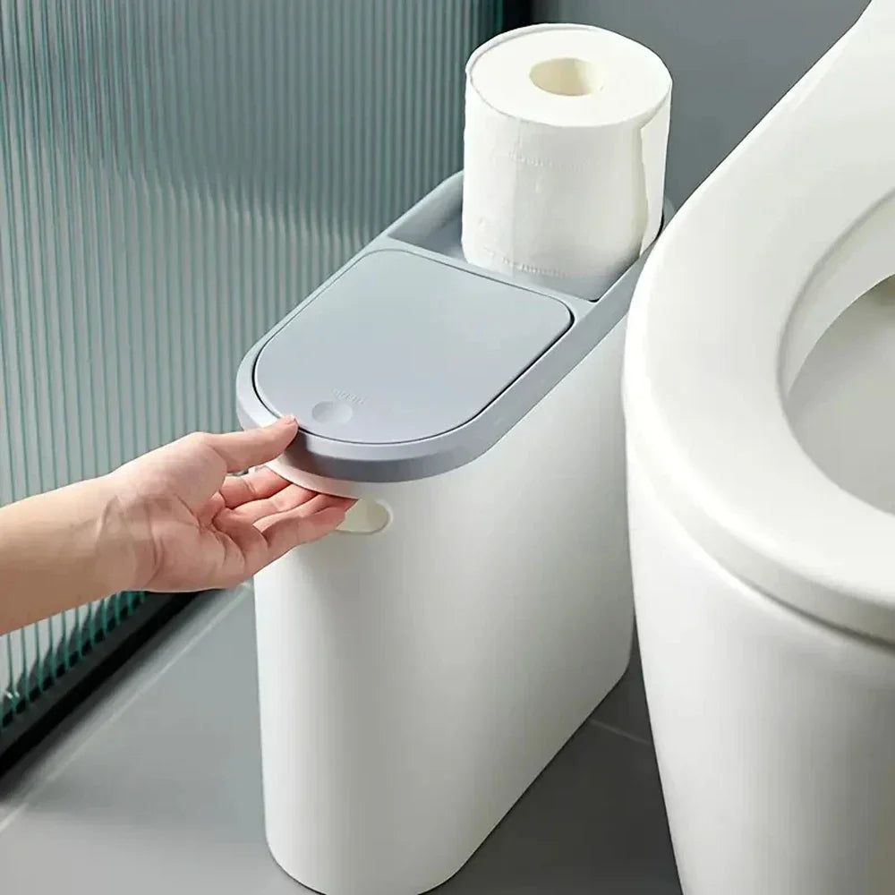 Plastic Trash Can with Lid Compact Press-Type Top Space-Saving Design for Bathroom Kitchen Living Room