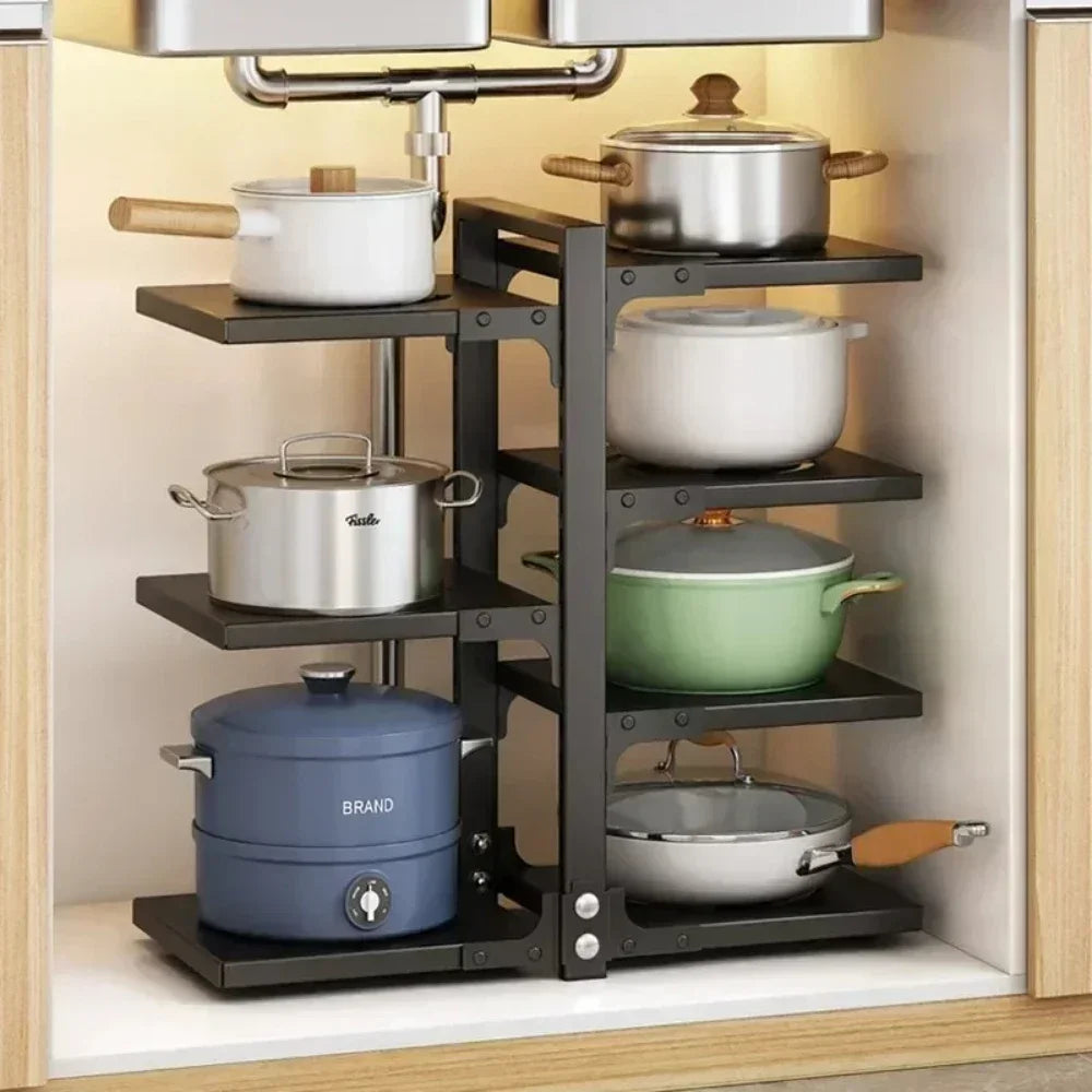 Kitchen Under Sink Pot Holder Multilayer Frying Pan Rice Cooker Seasoning Storage Rack Adjustable Stainless Steel Organizer