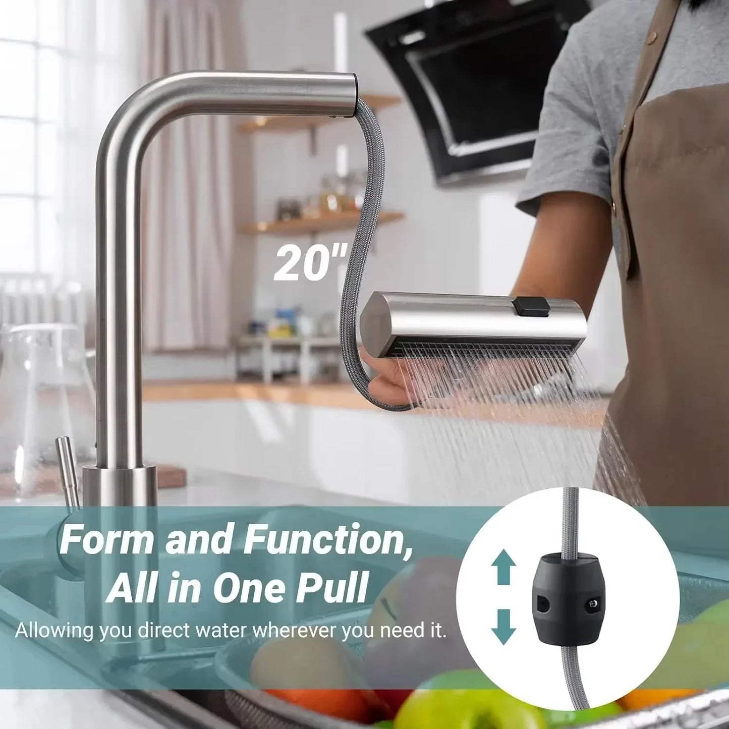 Pull Out Kitchen Faucet, Flexible Hot and Cold Water Kitchen Sink Mixer , Deck Mounted with Stream Shower Mode