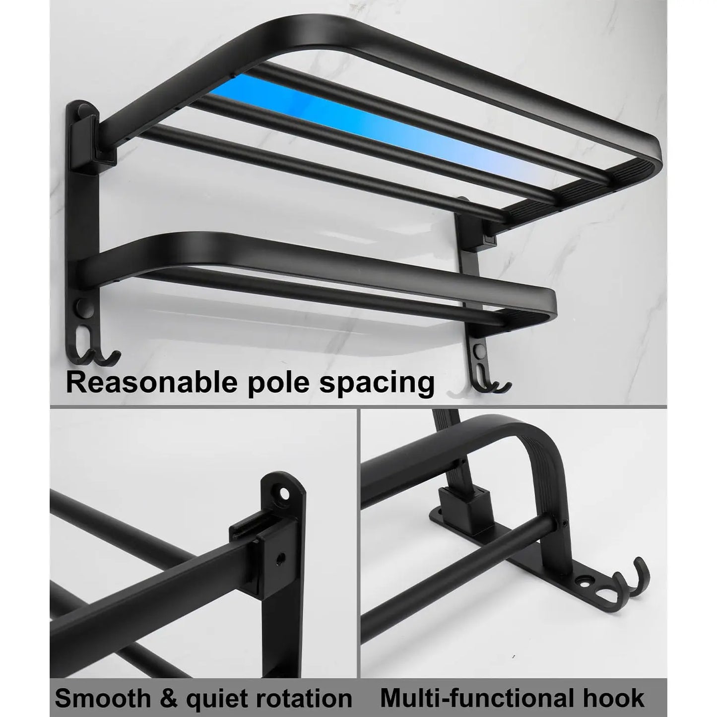 50CM Matte Black Folding Holder With Hook ,Towel Holder, Wall Mount Aluminum Towel Rack