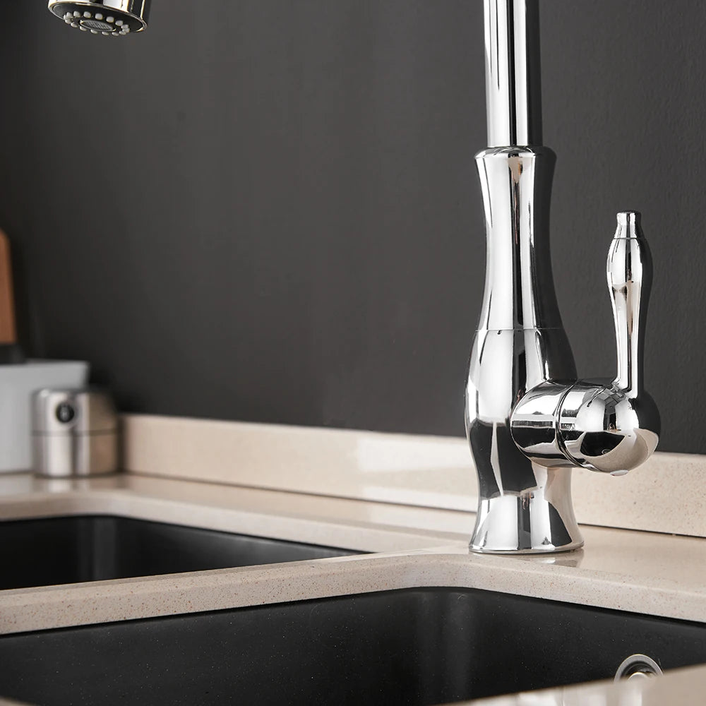 Gold Kitchen Faucets Silver Single Handle Pull Out Kitchen Tap Single Hole Water Mixer