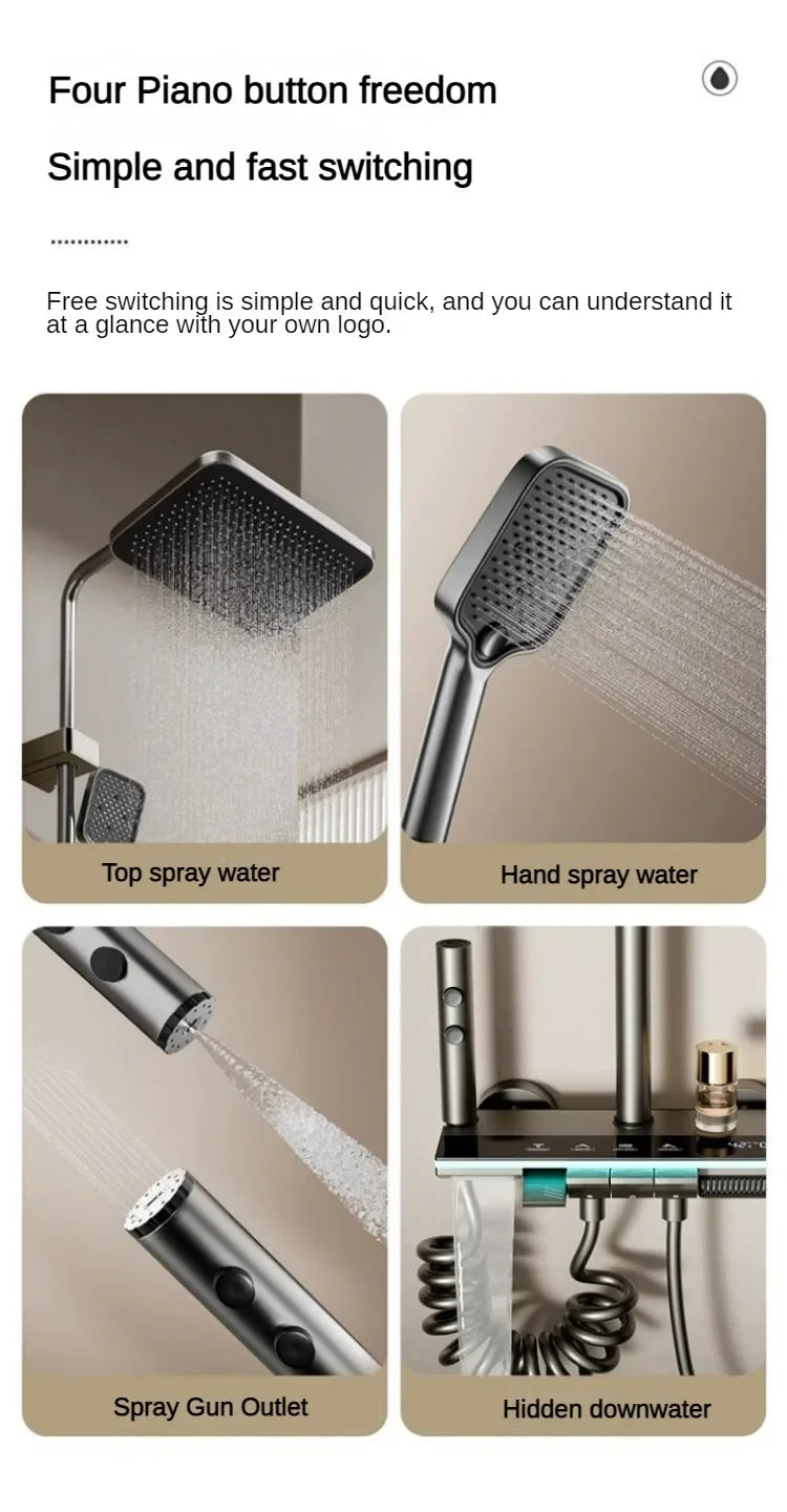 Grey shower Set Four-Function Smart Digital Display  Shower System Rainfall Pressurized Wall-mounted Piano Key