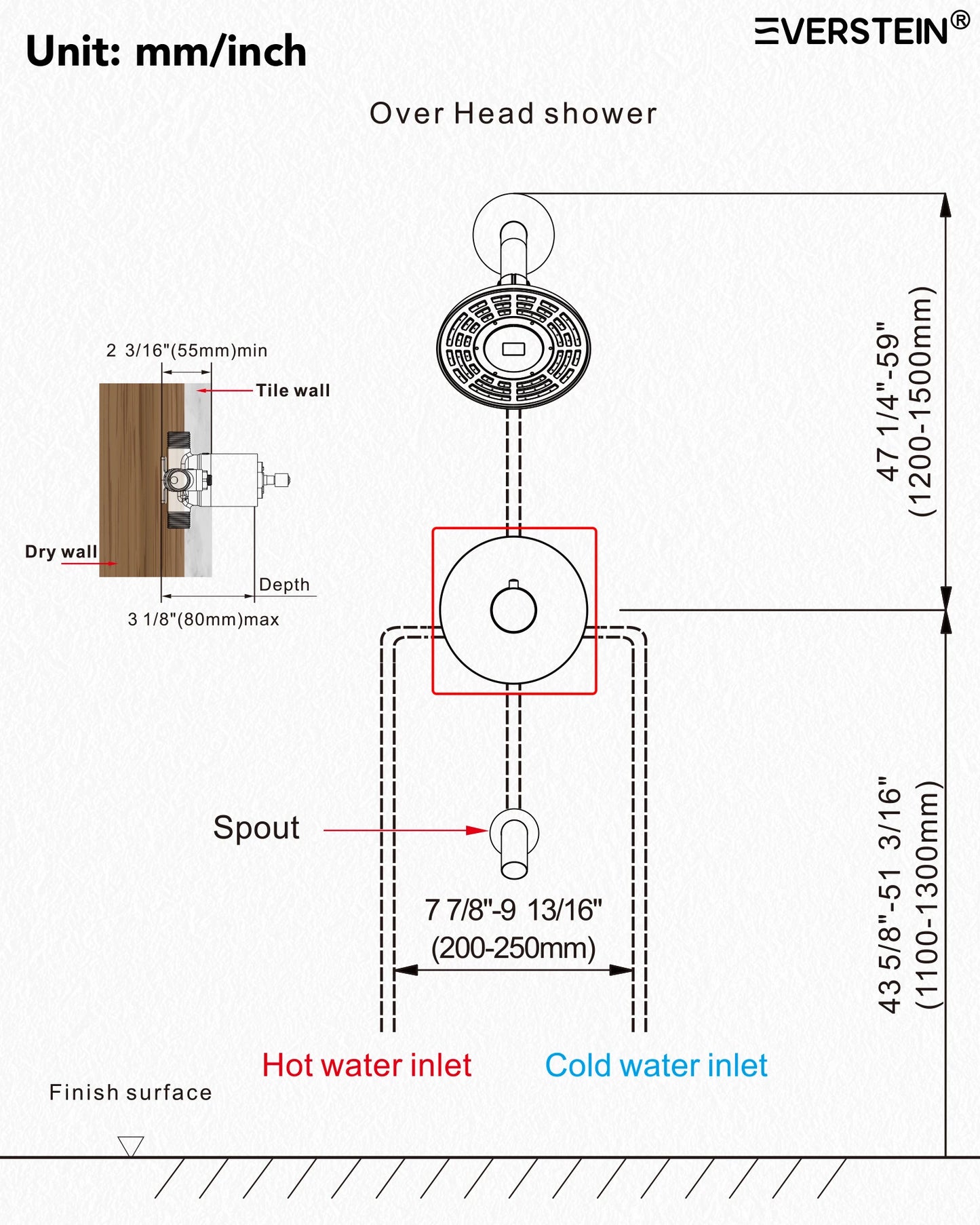 EVERSTEIN LED Light Shower Head System Shower Faucet Set with Brass Balanced Valve Wall Mount Tub Faucet