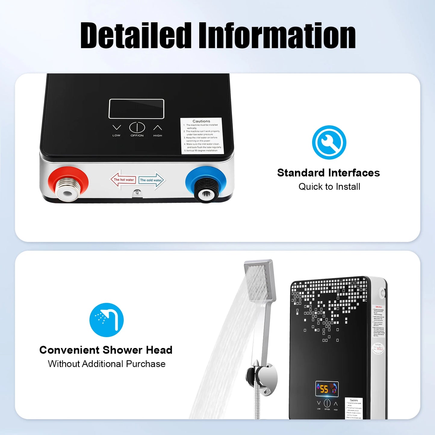 Electric Water Heater 6.5kW Instant Hot Water Heater with Digital Display for Bathroom-220V Black Bathroom Shower Hot Water Set