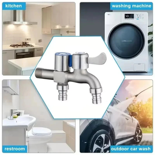 Stainless Steel Faucet Double Outlet Dual Control Water Tap One in Two Out Faucet 1/2" Bidet Faucets