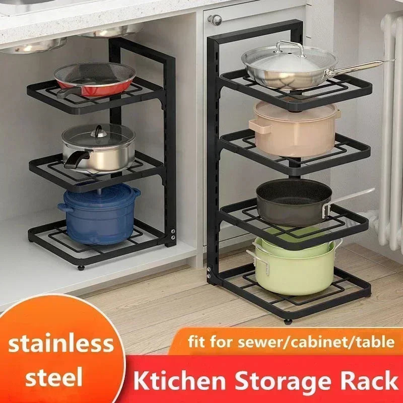 Kitchen Under Sink Pot Holder Multilayer Frying Pan Rice Cooker Seasoning Storage Rack Adjustable Stainless Steel Organizer