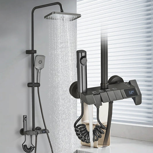 Rozin Black Smart Digital Display Shower Faucet Set Piano Style Rain fall Grey Digital Mixer