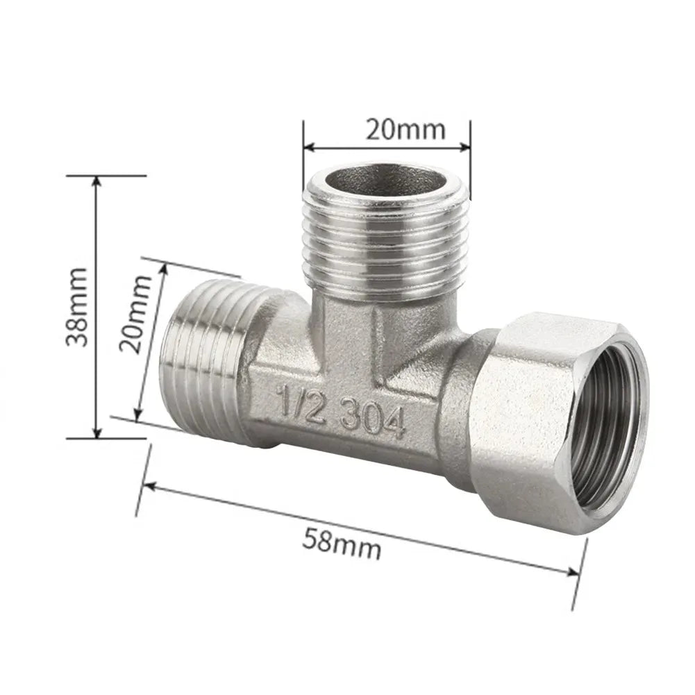 Stainless Steel T Adapter G1/ 2" T-Valve Diverter Valve Three Way Device Hole For Bath Bidet Sprayer Shower