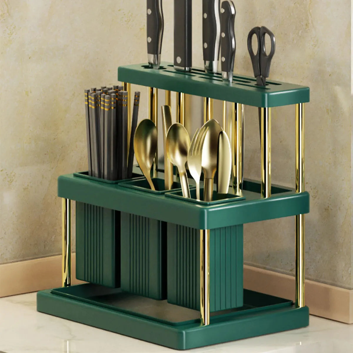 Kitchen Knife Holder Multi-Function Cutter and Cutlery Drainer Rack PP Space Saving Kitchen Utensil Organizer Rack