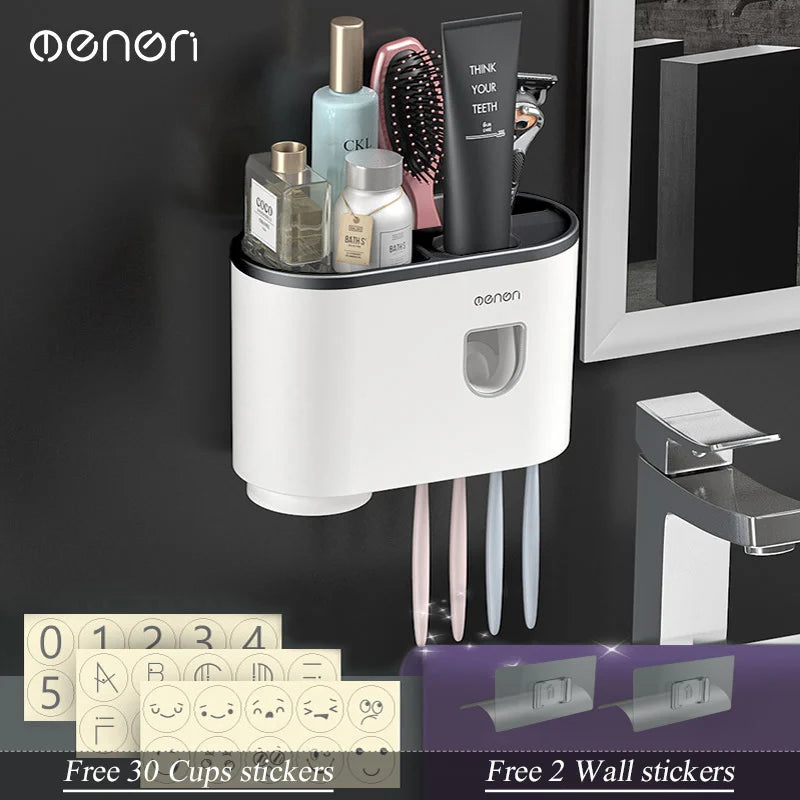 MENGNI-Magnetic Adsorption Inverted Toothbrush Holder Wall -Automatic Toothpaste Squeezer Storage Rack